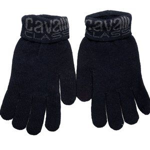 Cavalli Class Unisex 100% Wool Black Logo Print Knitted Gloves One Size